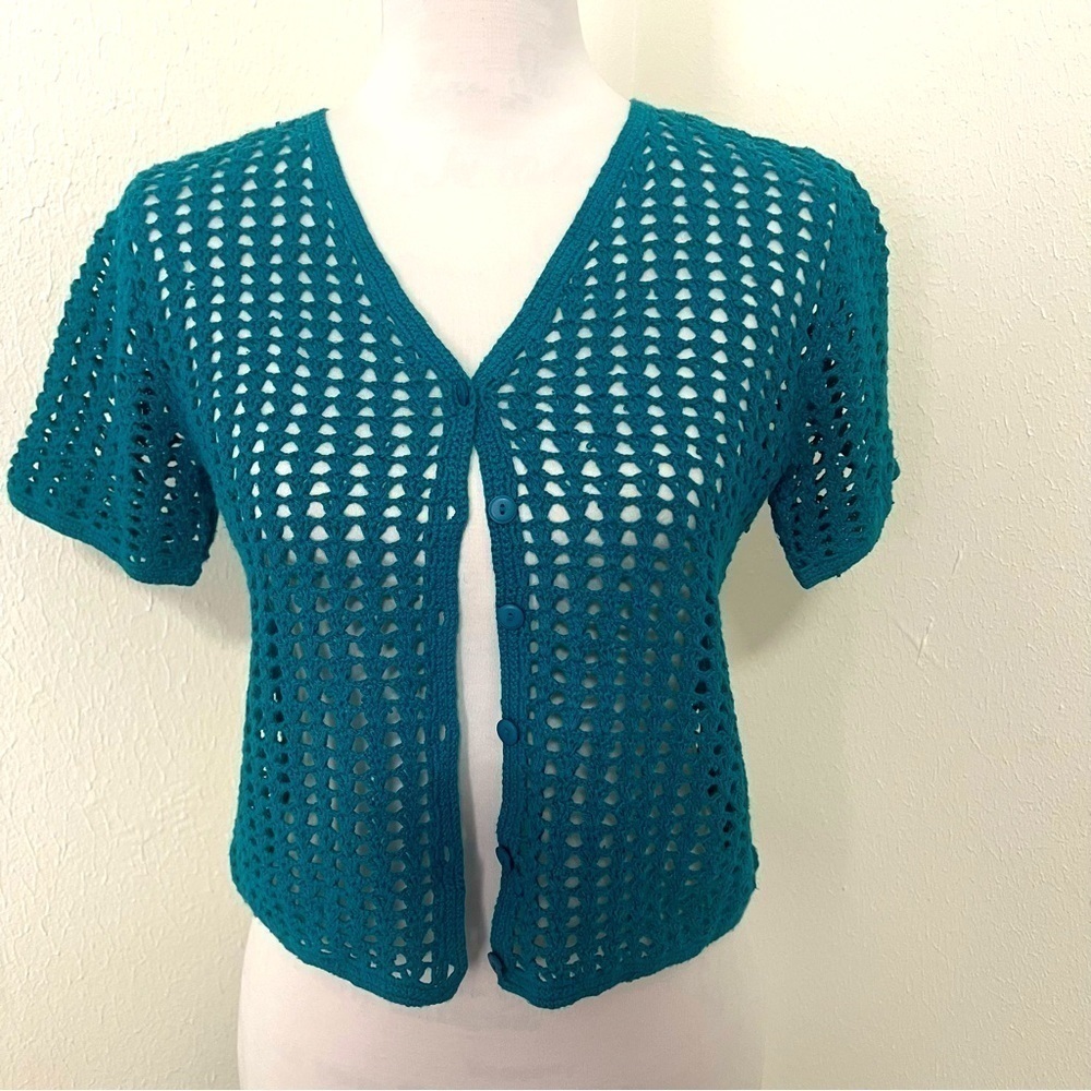 Norton McNaughton Essentials Women’s Petite Small Crochet Button Up Cardigan EUC